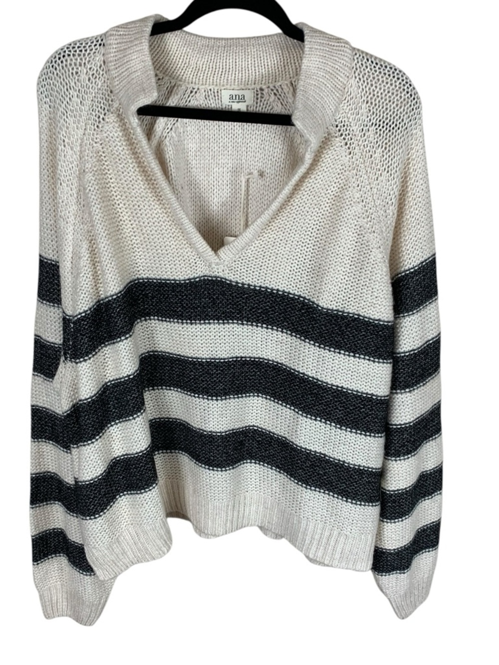 Women's A.N.A. Cream Gray Striped Long Sleeve V-Neck Boxy Chunky Knit Sweater 2X